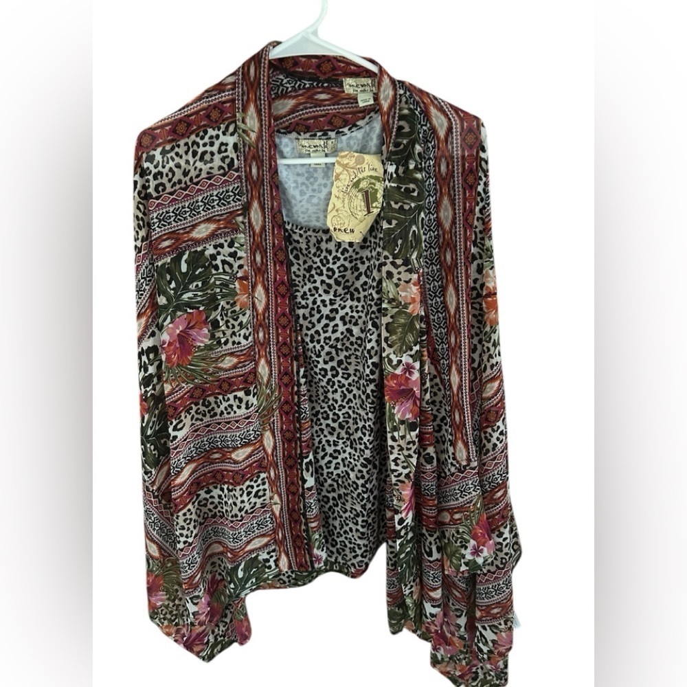 NWT One World Kimono Floral & Cheetah Cardigan with Cheetah Tank Top Size S